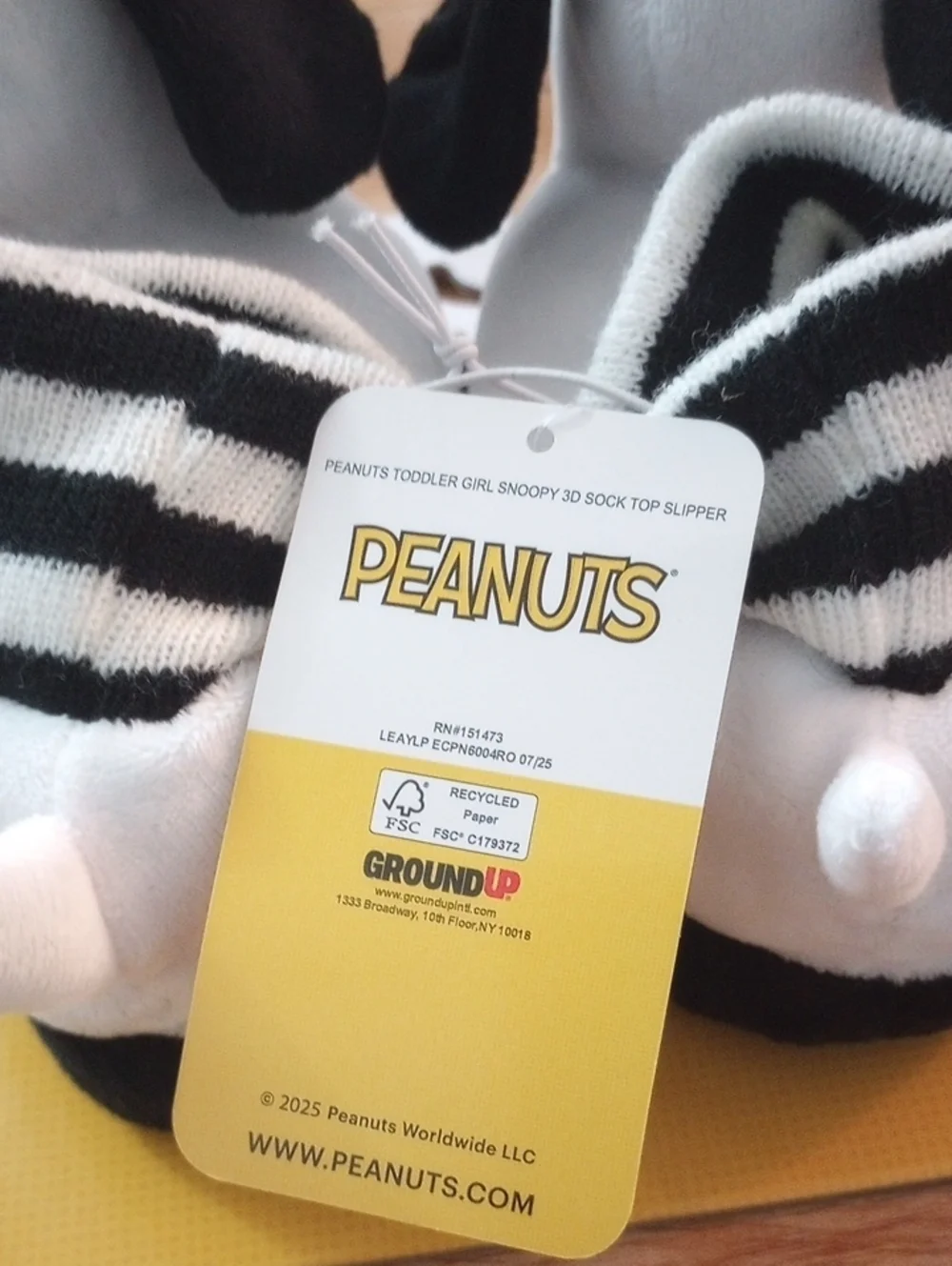 Peanuts Snoopy Plush White Black Sock Slippers Toddler Size 7-8